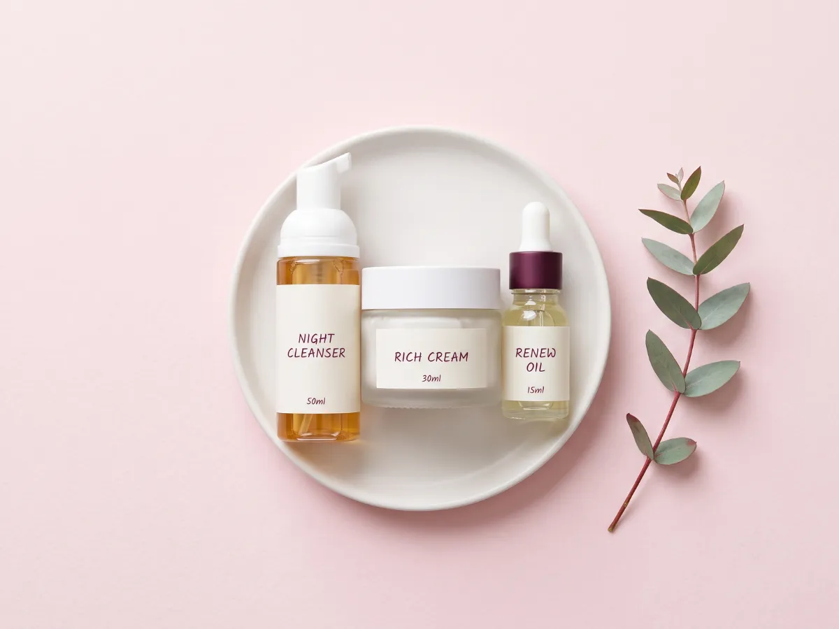 Three-step night skincare routine for dry skin flat-lay