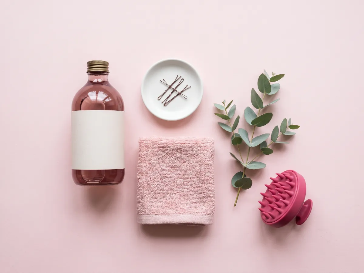 Wash-day hair care routine essentials flat-lay