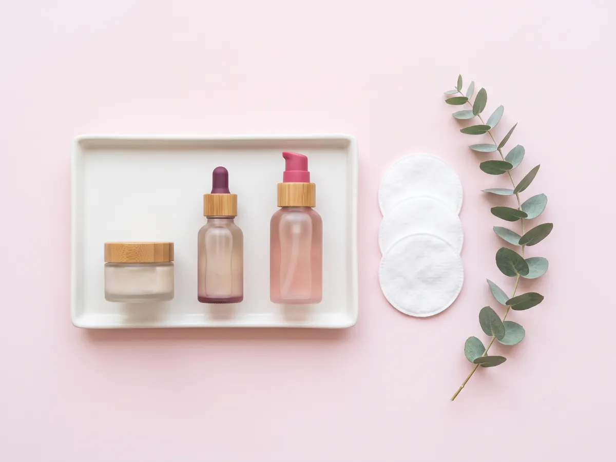 Three-step morning skincare routine flat-lay